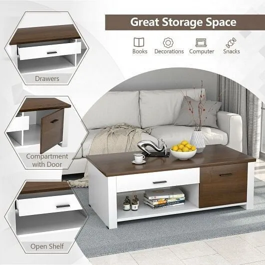 Modern Coffee Table with Front Back Drawers and Compartments for Living Room - C