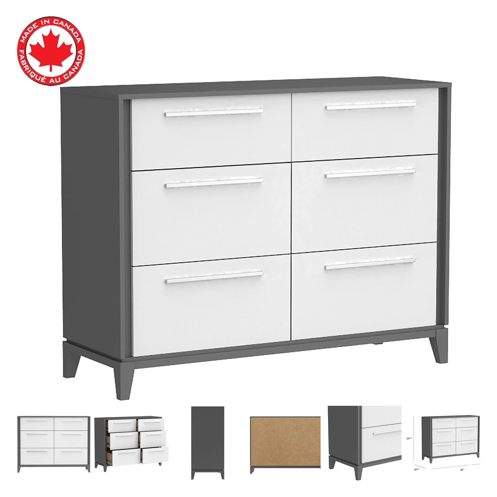 Moderna 6 drawers small double chest office storage organization, dark grey & white