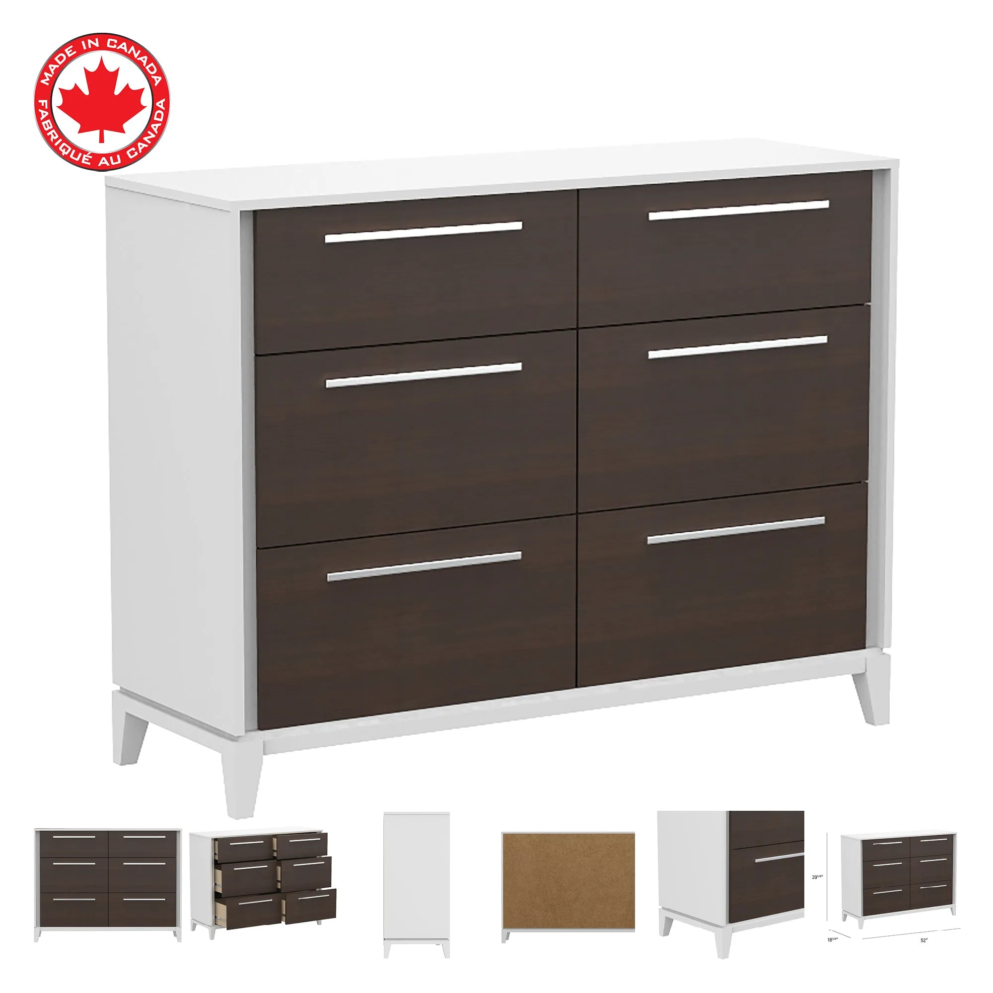 Moderna 6 drawers small double chest office storage organization, white & walnut