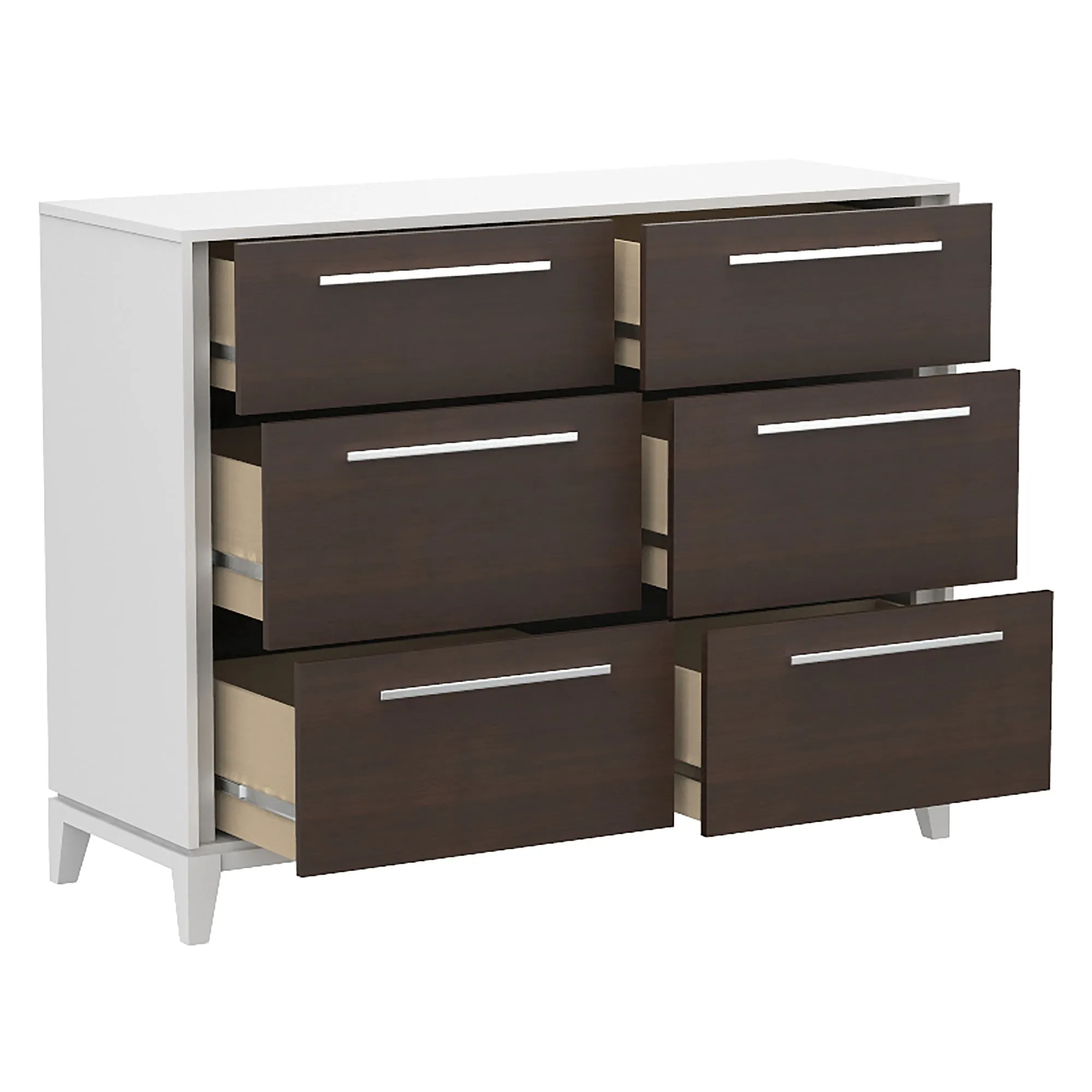 Moderna 6 drawers small double chest office storage organization, white & walnut