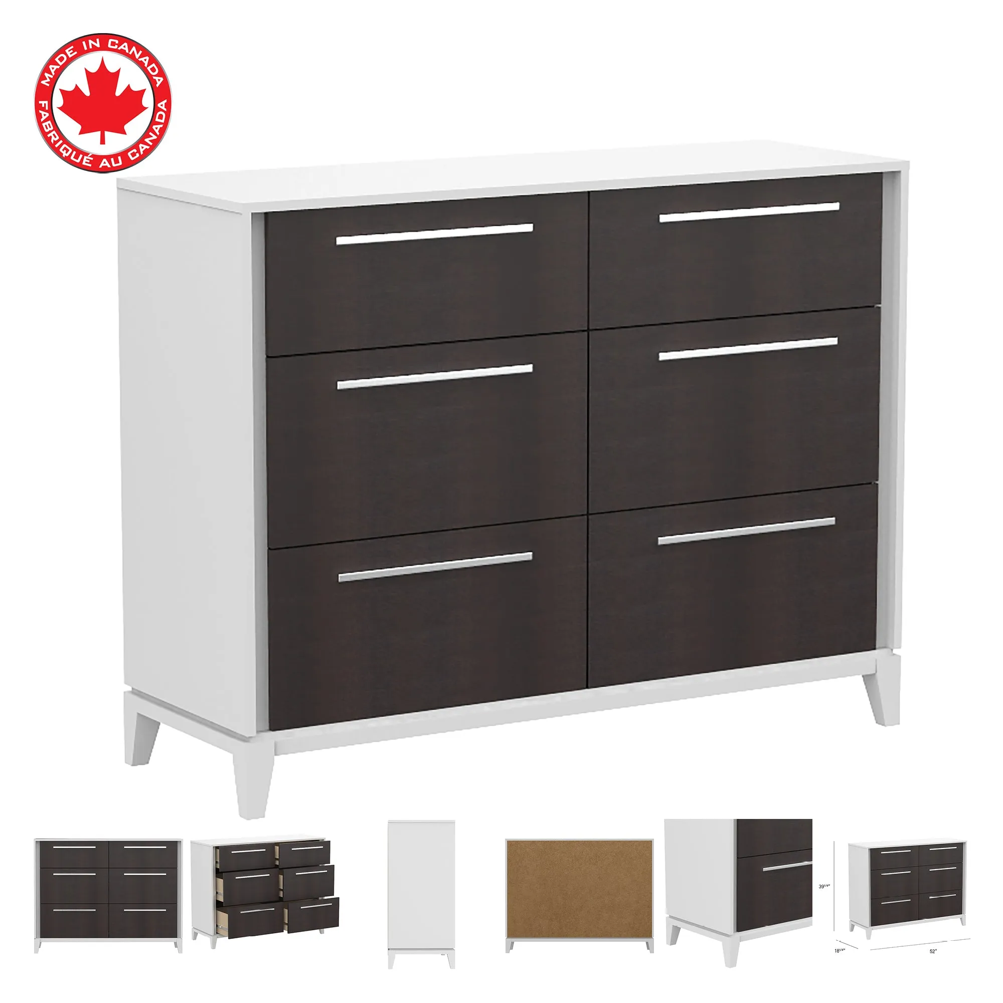 Moderna 6 drawers small double chest office storage organization, white & wood burn