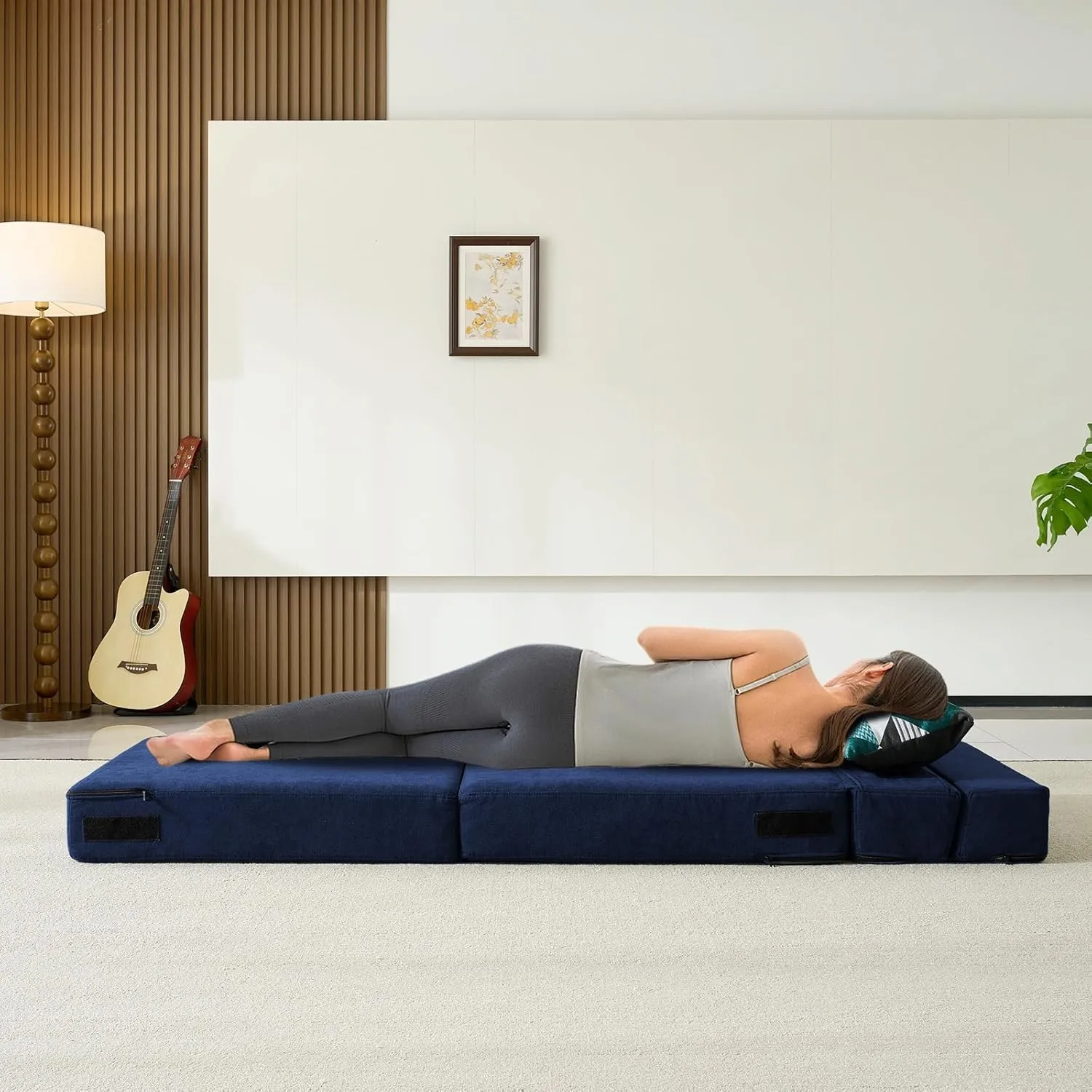 Nigoone Folding Sofa Bed with Pillow Memory Foam Convertible Sleeper Chair Bed Couch Futon Lazy for Living Room/Home Office/Guest Beds/Apartment/Upstairs Loft,Single Size,Dark Blue
