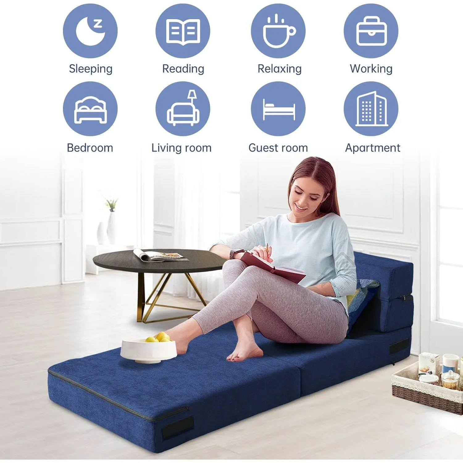 Nigoone Folding Sofa Bed with Pillow Memory Foam Convertible Sleeper Chair Bed Couch Futon Lazy for Living Room/Home Office/Guest Beds/Apartment/Upstairs Loft,Single Size,Dark Blue