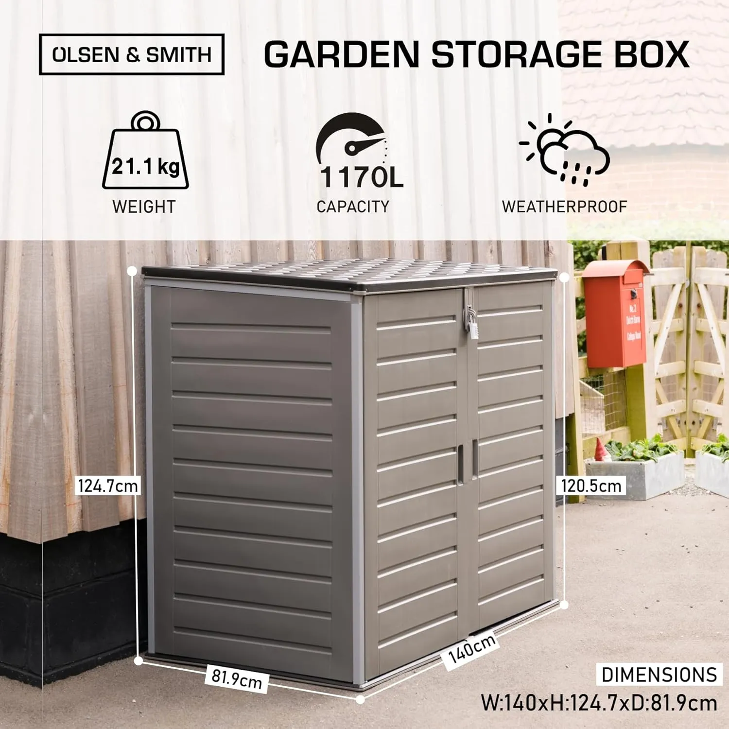 Olsen & Smith MASSIVE Capacity 1170L Outdoor Garden Storage Box Plastic Shed Garbage - Weatherproof with Wood Effect
