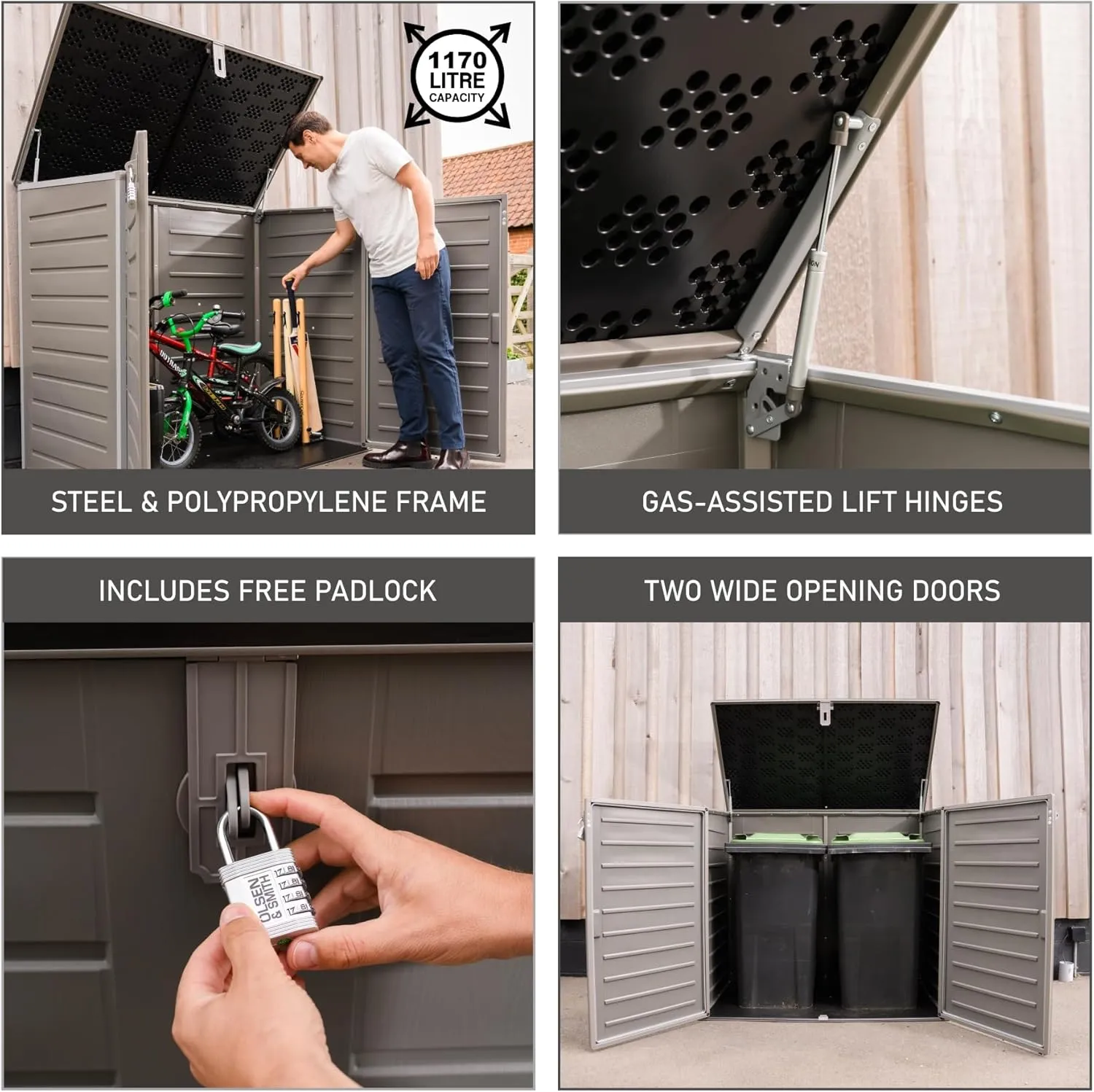 Olsen & Smith MASSIVE Capacity 1170L Outdoor Garden Storage Box Plastic Shed Garbage - Weatherproof with Wood Effect