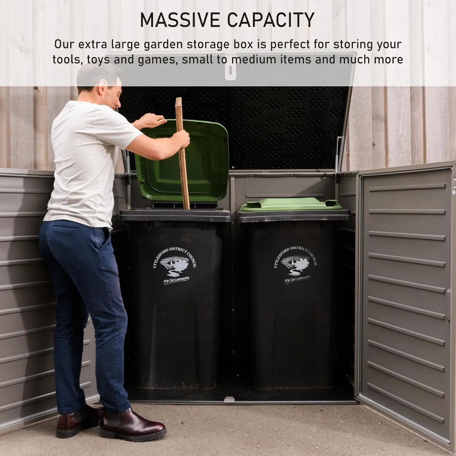Olsen & Smith MASSIVE Capacity 1170L Outdoor Garden Storage Box Plastic Shed Garbage - Weatherproof with Wood Effect