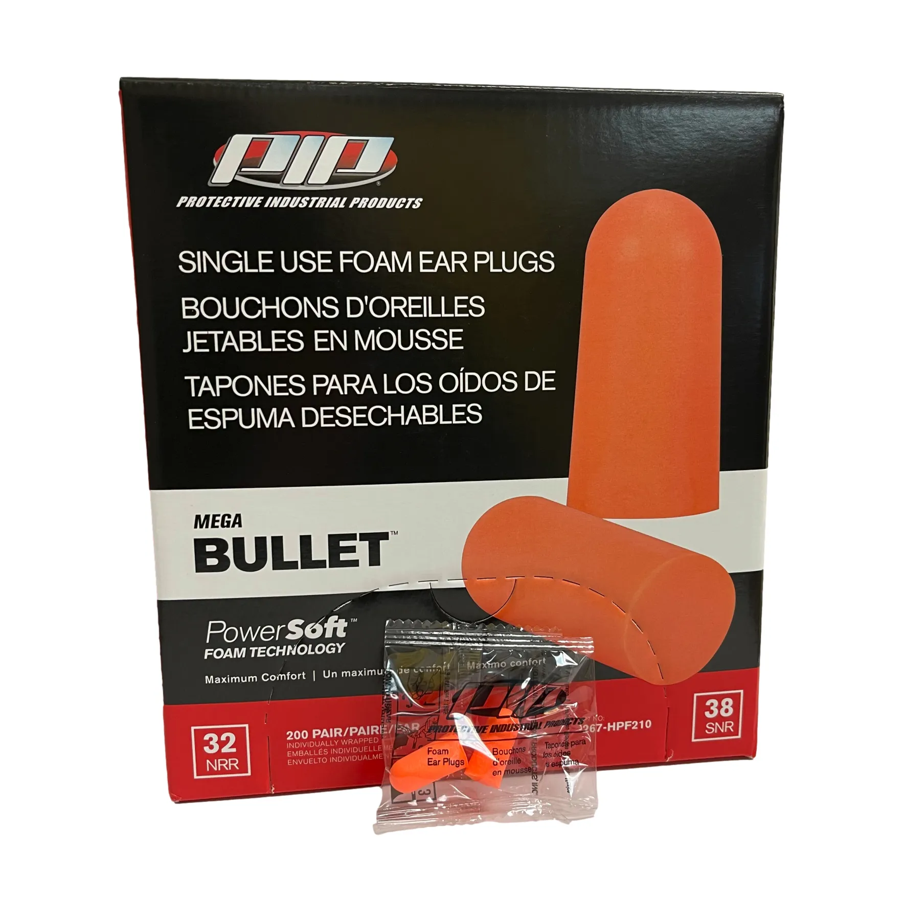 PIP Mega Bullet Disposable Soft Polyurethane Foam Ear Plugs, Uncorded - NRR 32 - 200 Pair/Box