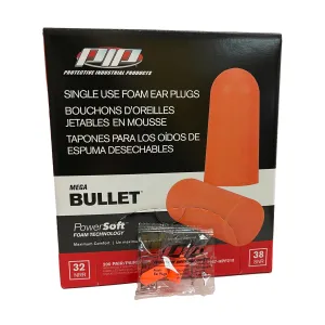 PIP Mega Bullet Disposable Soft Polyurethane Foam Ear Plugs, Uncorded - NRR 32 - 200 Pair/Box