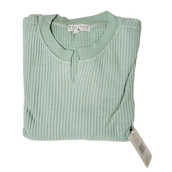 PJ Salvage Pajama Shirt Waffle-Knit Long Sleeve Women Light Sage Lounge NWT