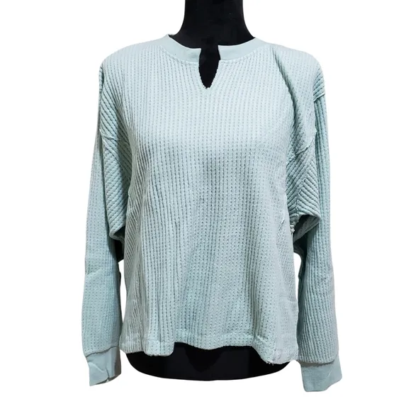PJ Salvage Pajama Shirt Waffle-Knit Long Sleeve Women Light Sage Lounge NWT