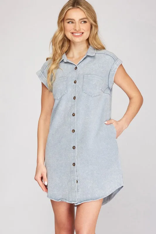She   Sky Full Size Folded Cuff Button Down Washed Twill Shirt Dress Plus Size