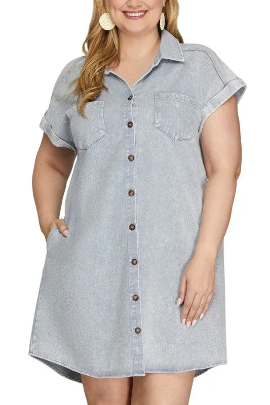 She   Sky Full Size Folded Cuff Button Down Washed Twill Shirt Dress Plus Size