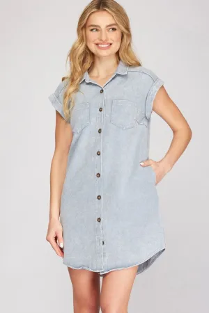 She   Sky Full Size Folded Cuff Button Down Washed Twill Shirt Dress Plus Size