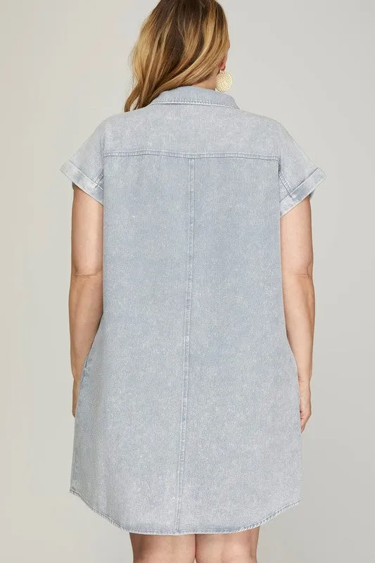 She   Sky Full Size Folded Cuff Button Down Washed Twill Shirt Dress Plus Size