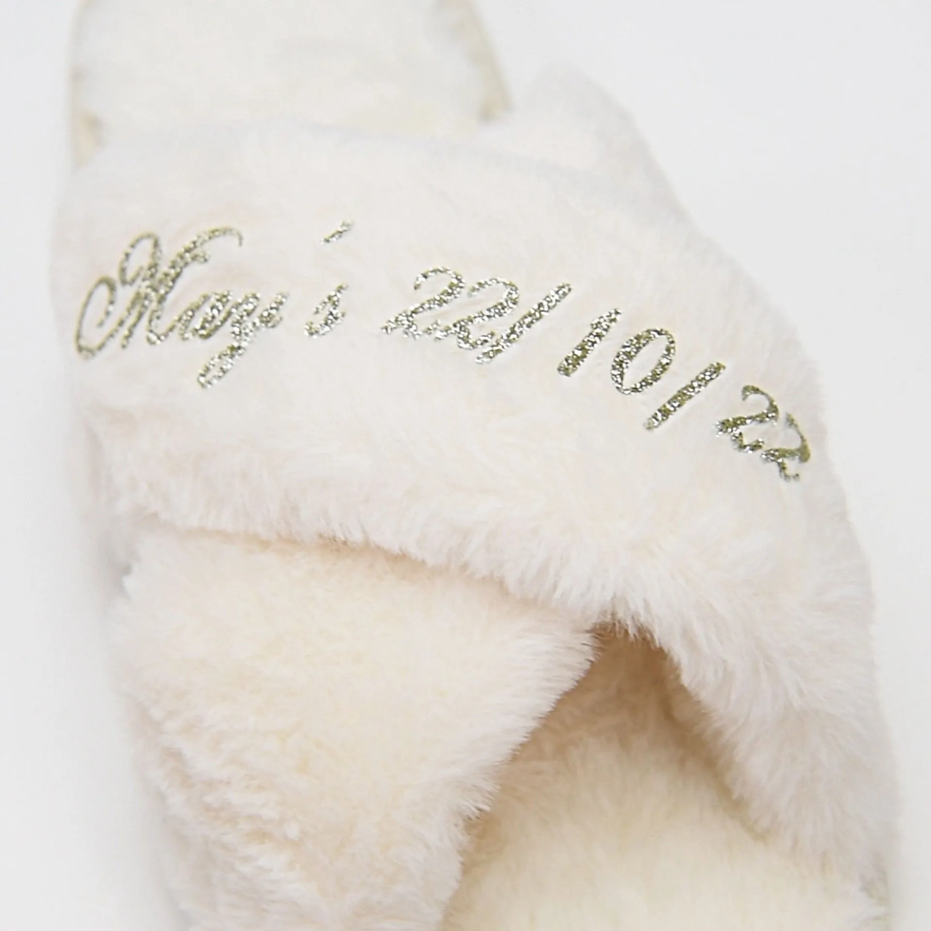 Silver Luxe: Personalized Monogram Fur Slippers with Glittering Names & Logos In White Size S to L
