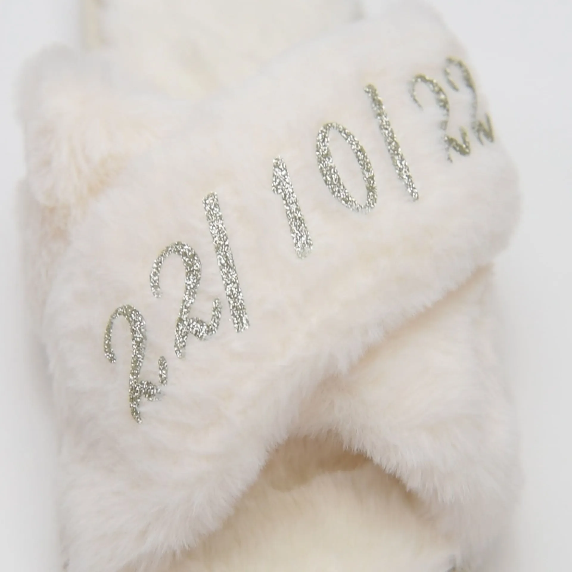 Silver Luxe: Personalized Monogram Fur Slippers with Glittering Names & Logos In White Size S to L