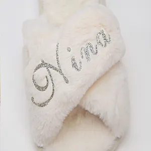 Silver Luxe: Personalized Monogram Fur Slippers with Glittering Names & Logos In White Size S to L