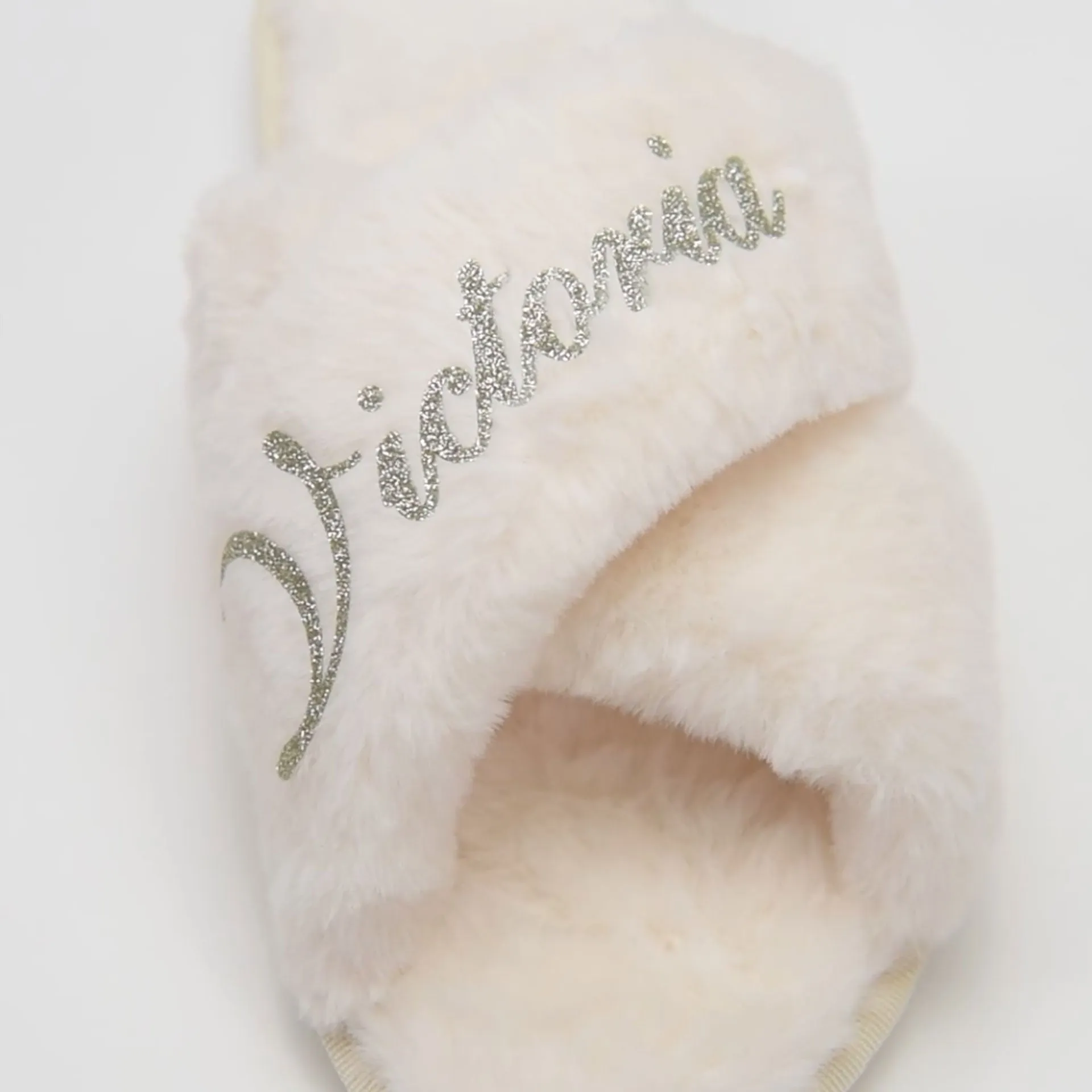 Silver Luxe: Personalized Monogram Fur Slippers with Glittering Names & Logos In White Size S to L