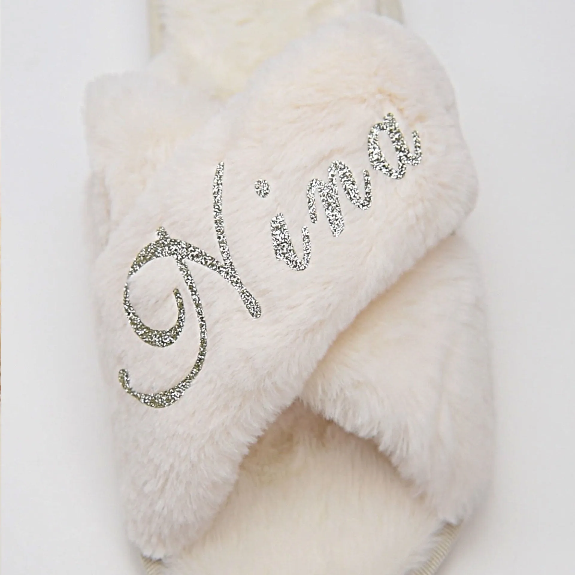 Silver Luxe: Personalized Monogram Fur Slippers with Glittering Names & Logos In White Size S to L