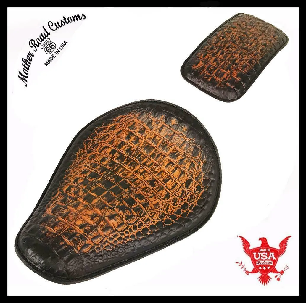 Spring Seat P-Pad Harley Sportster Chopper Bobber 11x14 AntBr Alligator Leather