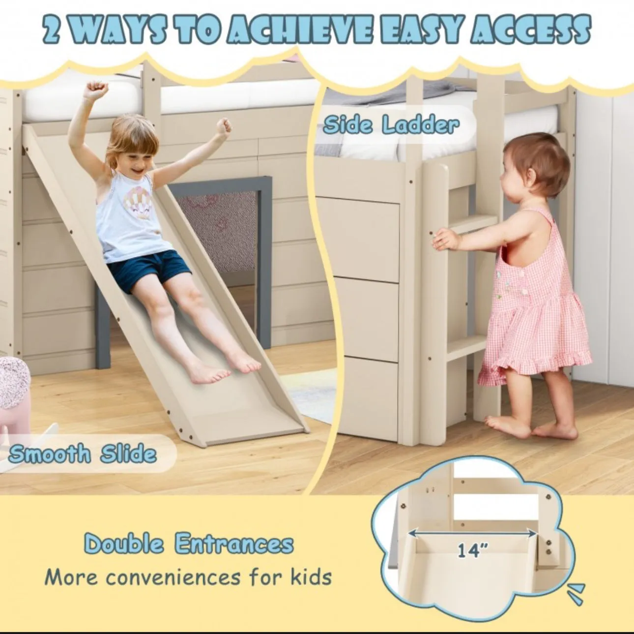Super Cute, Adorable Heavy Duty 3-In-1 Twin Loft Bed With Smooth Slide, Side Ladder Drawers For Kids/Teens | Solid Wood Material | Bottom Game Space