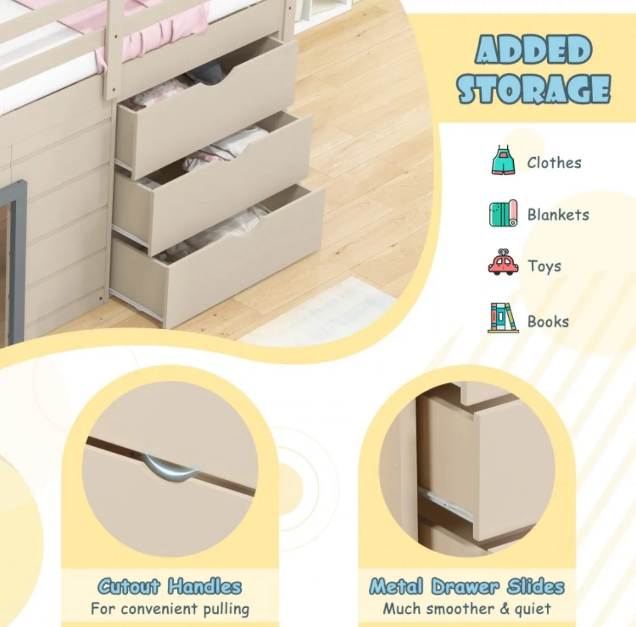 Super Cute, Adorable Heavy Duty 3-In-1 Twin Loft Bed With Smooth Slide, Side Ladder Drawers For Kids/Teens | Solid Wood Material | Bottom Game Space