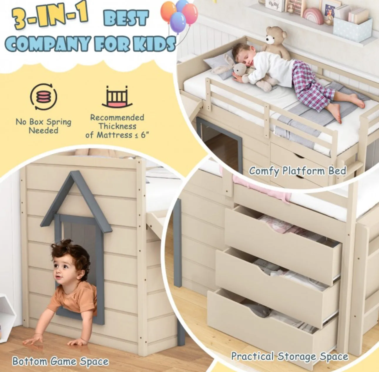 Super Cute, Adorable Heavy Duty 3-In-1 Twin Loft Bed With Smooth Slide, Side Ladder Drawers For Kids/Teens | Solid Wood Material | Bottom Game Space