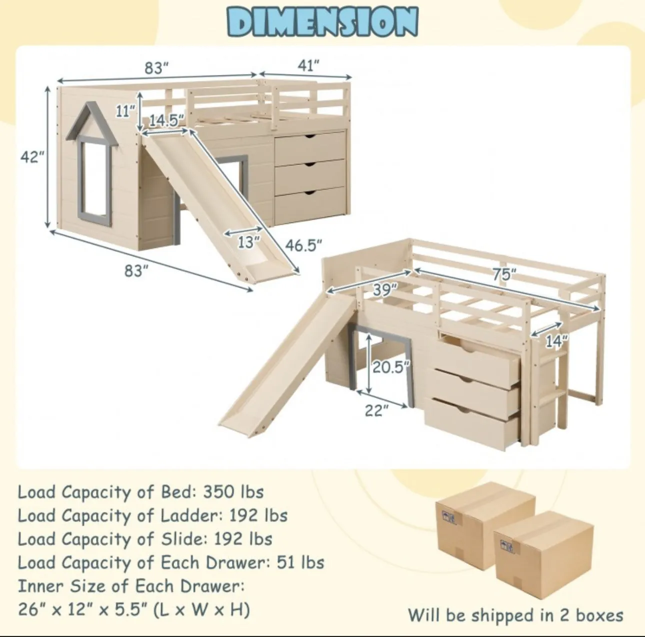 Super Cute, Adorable Heavy Duty 3-In-1 Twin Loft Bed With Smooth Slide, Side Ladder Drawers For Kids/Teens | Solid Wood Material | Bottom Game Space