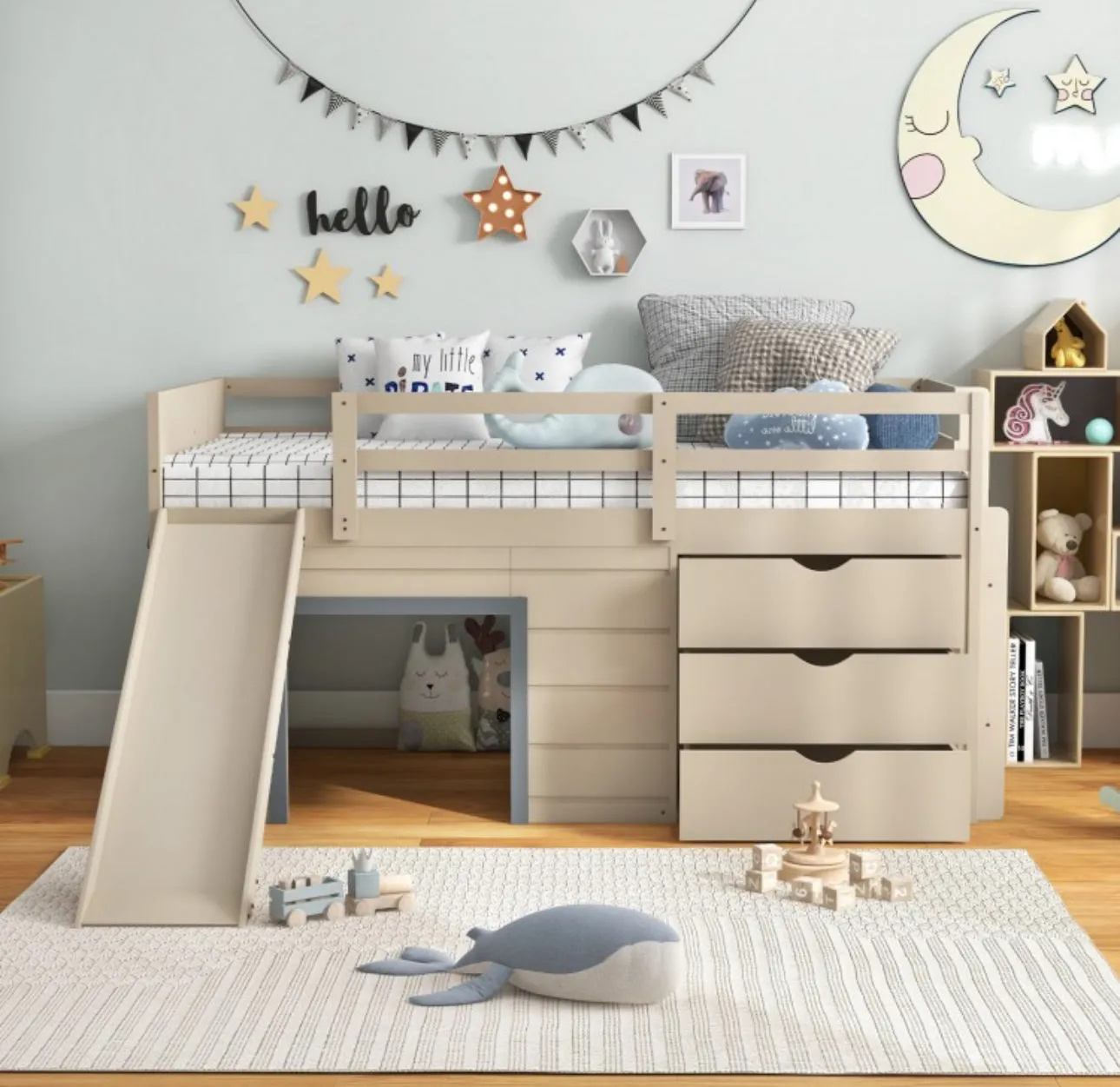 Super Cute, Adorable Heavy Duty 3-In-1 Twin Loft Bed With Smooth Slide, Side Ladder Drawers For Kids/Teens | Solid Wood Material | Bottom Game Space