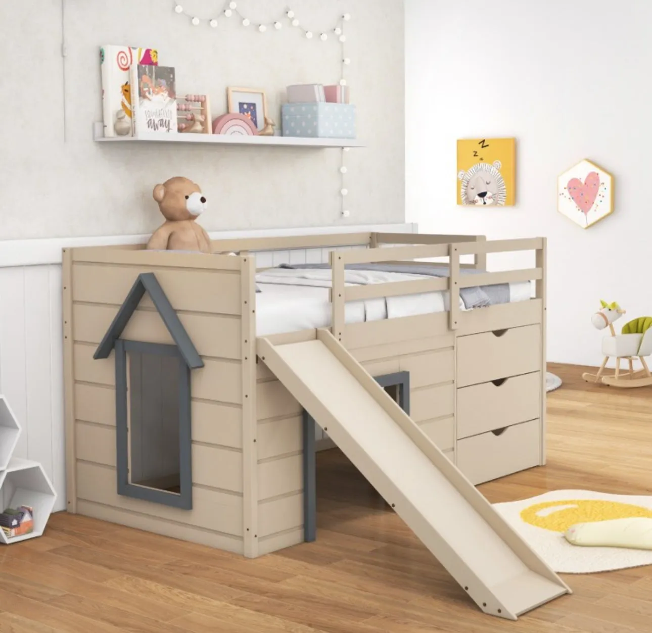 Super Cute, Adorable Heavy Duty 3-In-1 Twin Loft Bed With Smooth Slide, Side Ladder Drawers For Kids/Teens | Solid Wood Material | Bottom Game Space