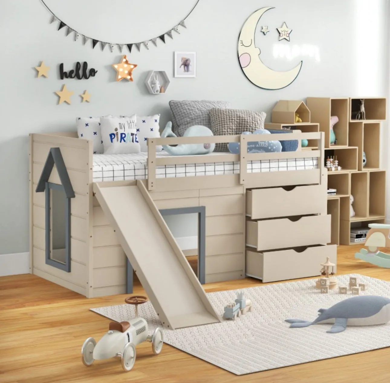 Super Cute, Adorable Heavy Duty 3-In-1 Twin Loft Bed With Smooth Slide, Side Ladder Drawers For Kids/Teens | Solid Wood Material | Bottom Game Space