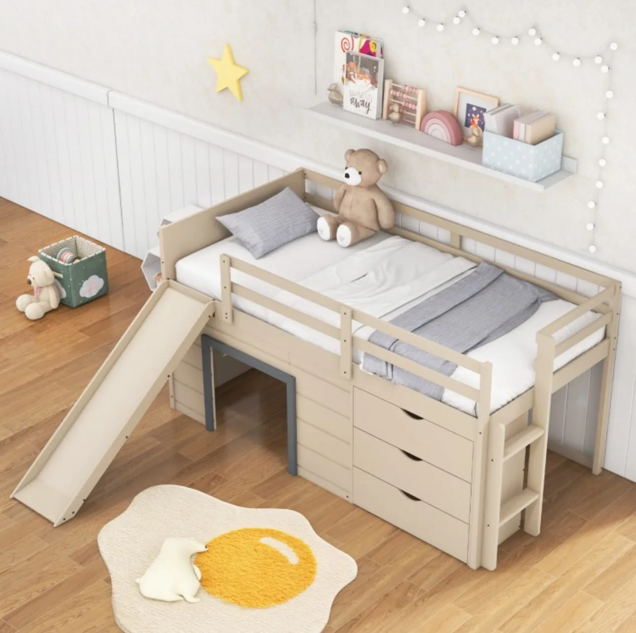 Super Cute, Adorable Heavy Duty 3-In-1 Twin Loft Bed With Smooth Slide, Side Ladder Drawers For Kids/Teens | Solid Wood Material | Bottom Game Space