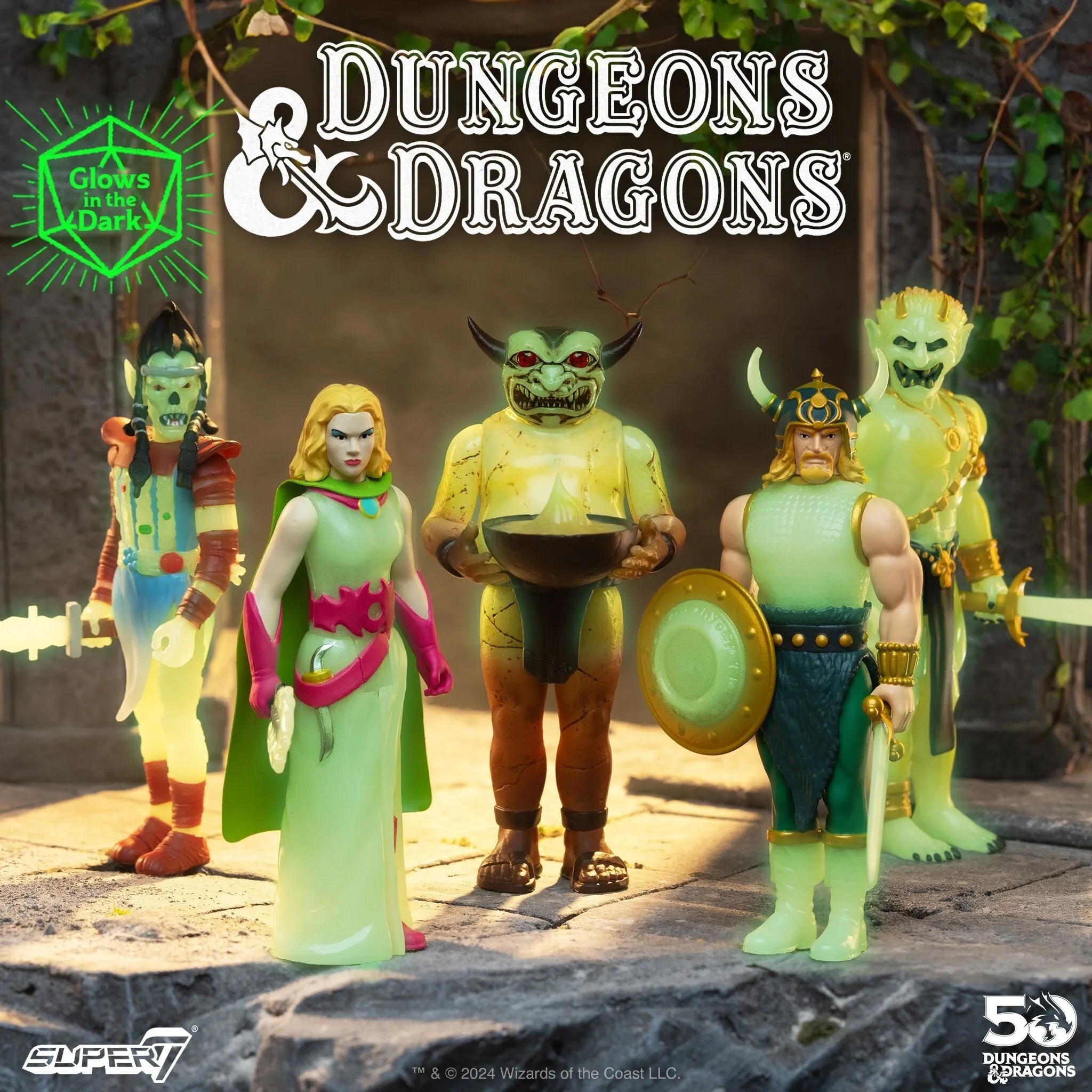 Super7 x DUNGEONS & DRAGONS - Sacred Statue, Githyanki, Sorceress, Formidable Fighter & Efreeti (Glow) ReAction Figures