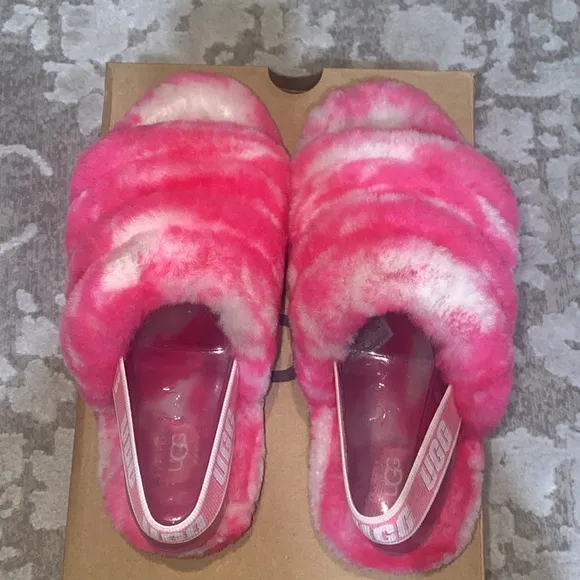 UGG Kids Fluff Yeah Slides Marble- Pink Rose Seashell Pink