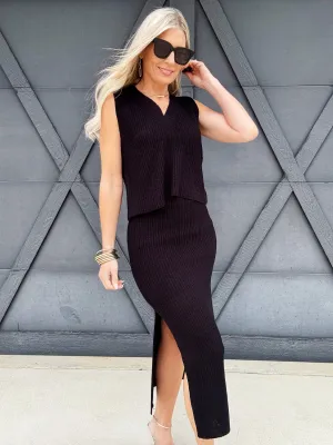 V-Neck Knit Tank Skirt Set In Black