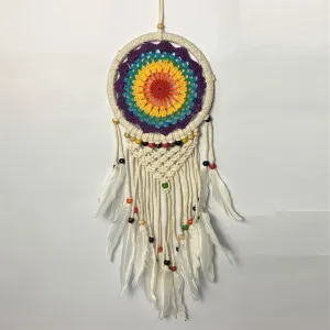 White Crochet Dream Catcher with Rainbow Centre