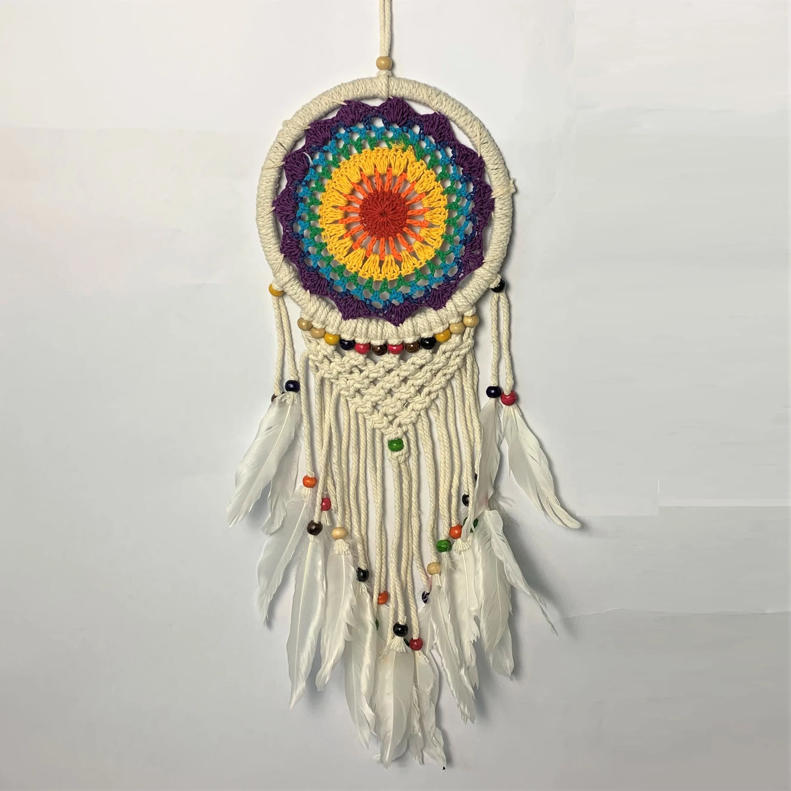 White Crochet Dream Catcher with Rainbow Centre