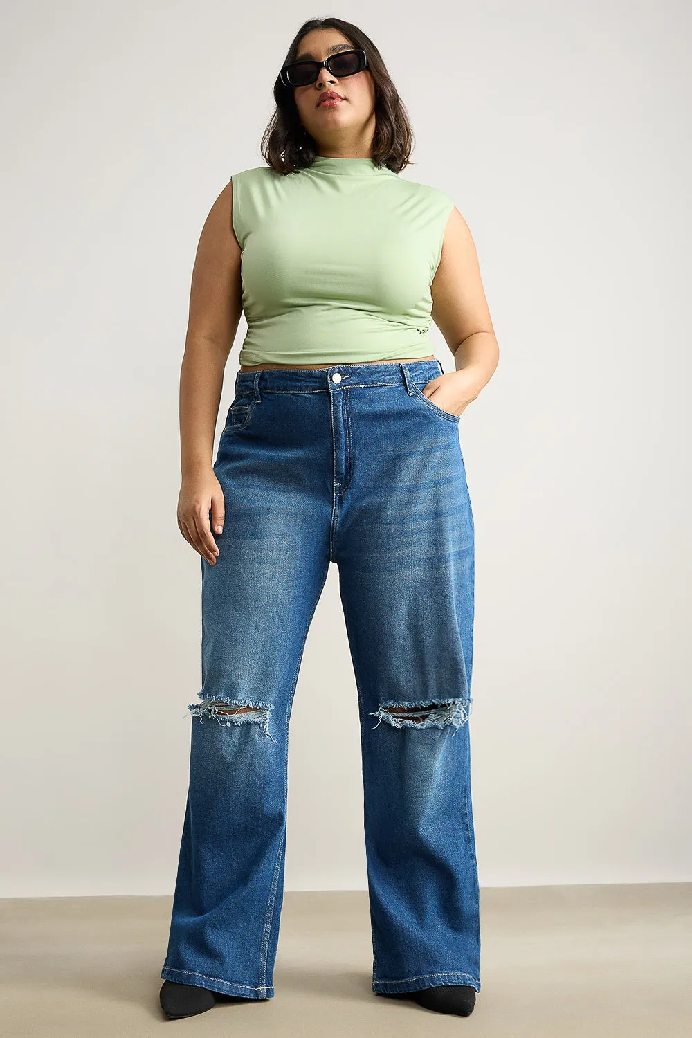 Wide Fit Distressed Blue Curve Stone Jeans
