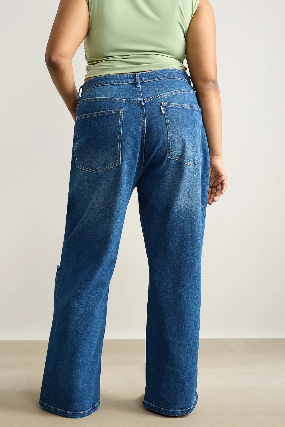 Wide Fit Distressed Blue Curve Stone Jeans