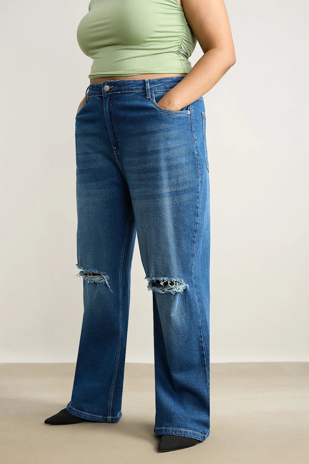 Wide Fit Distressed Blue Curve Stone Jeans
