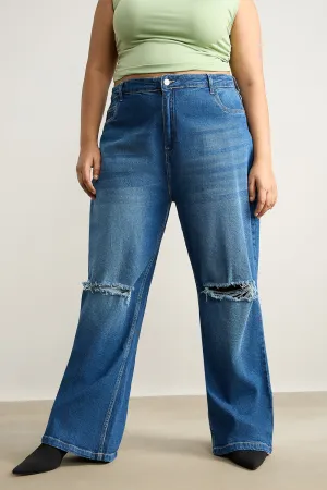 Wide Fit Distressed Blue Curve Stone Jeans