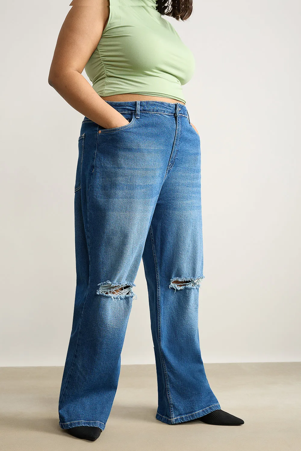 Wide Fit Distressed Blue Curve Stone Jeans