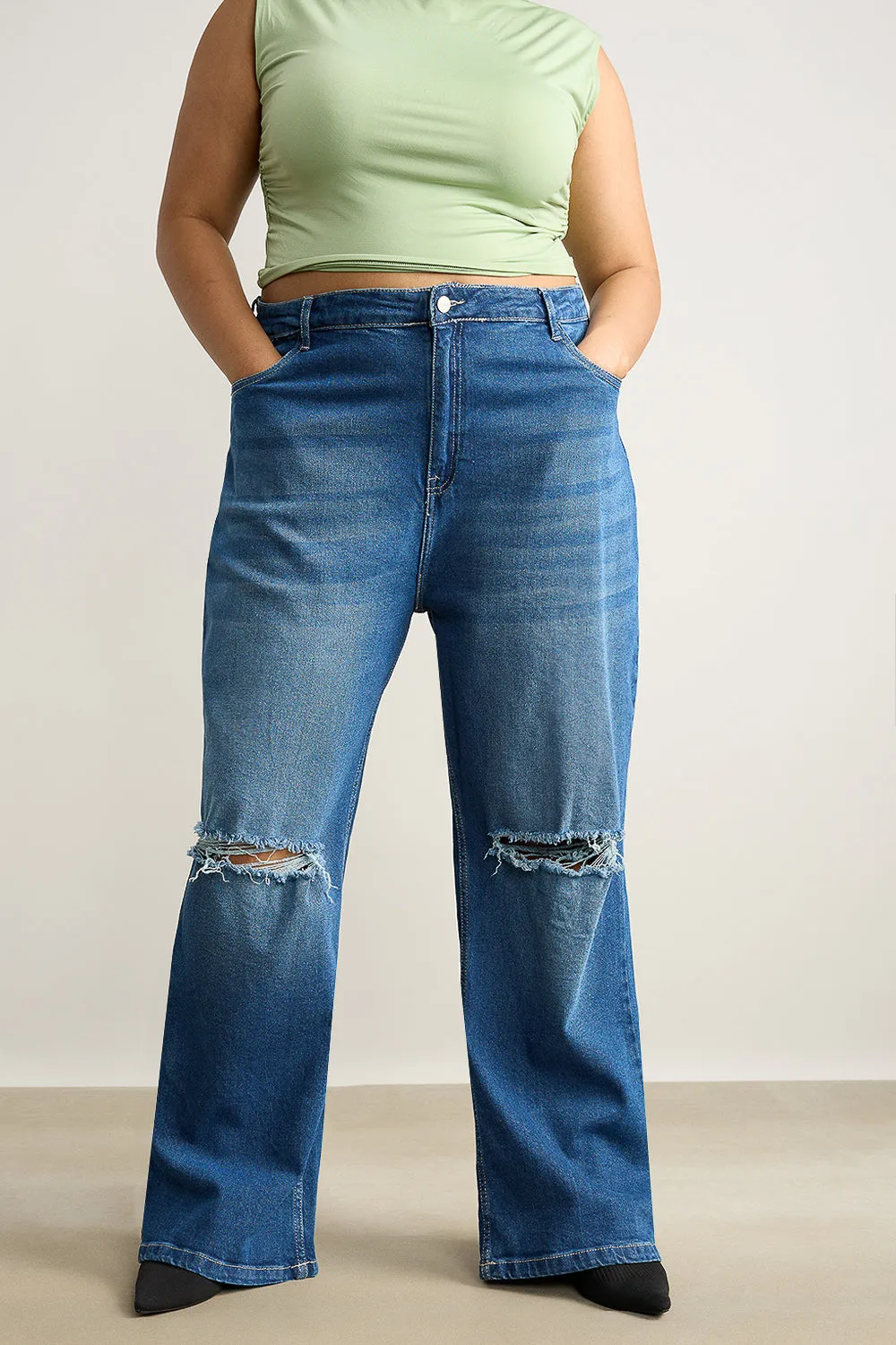 Wide Fit Distressed Blue Curve Stone Jeans