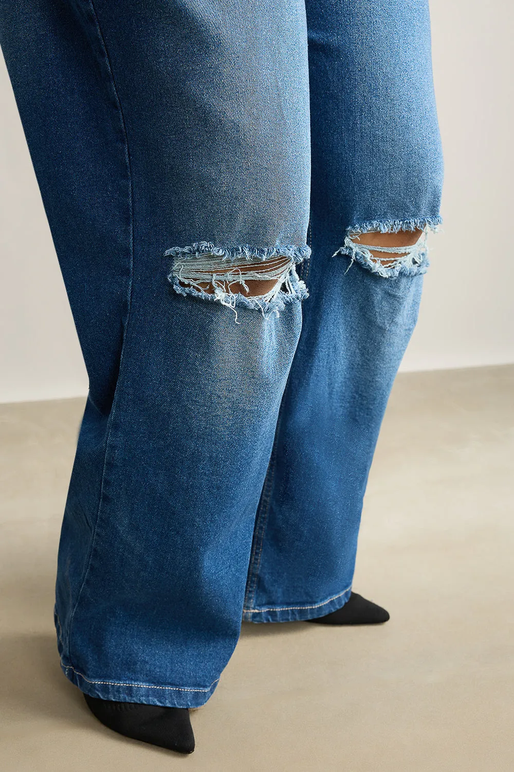 Wide Fit Distressed Blue Curve Stone Jeans