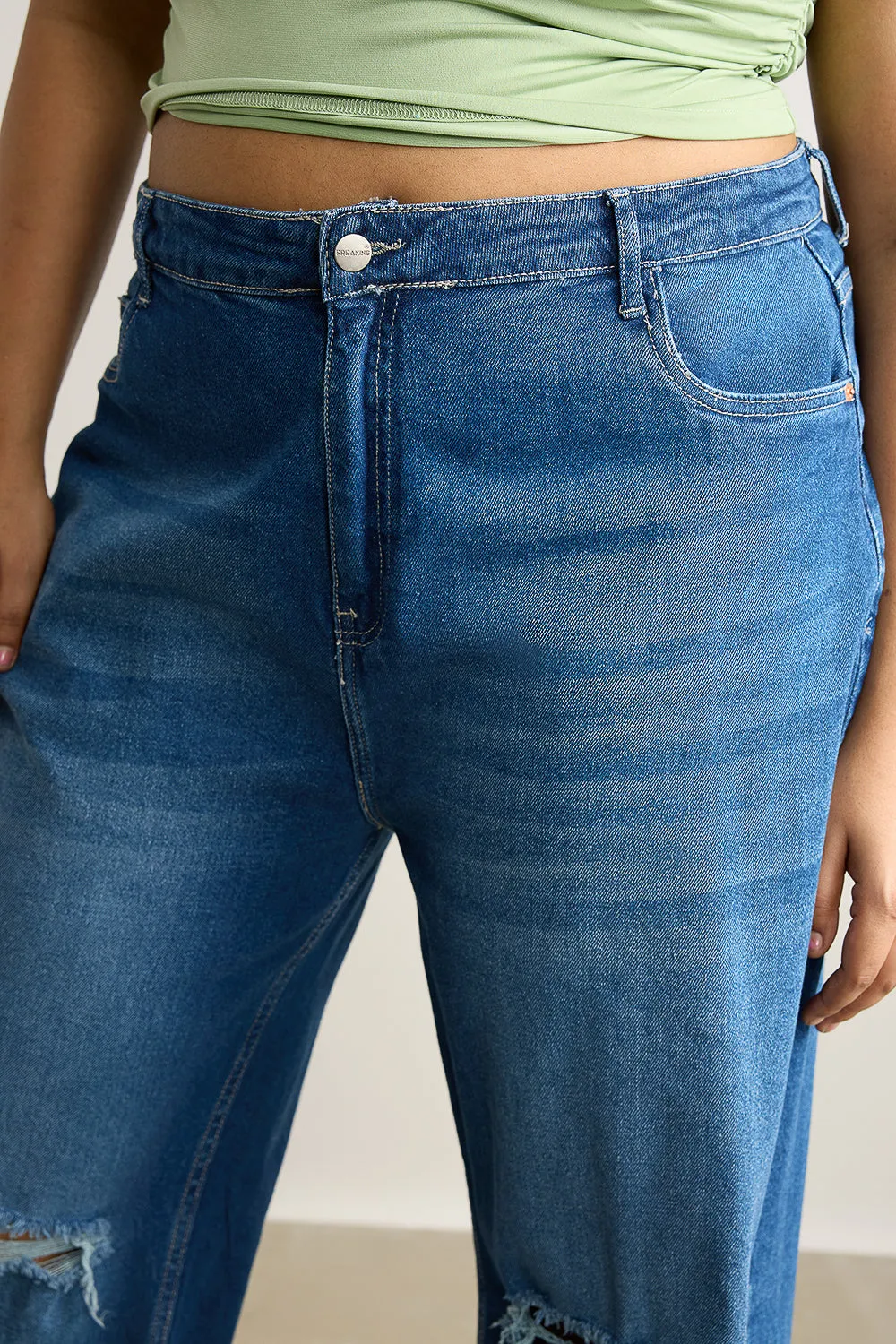 Wide Fit Distressed Blue Curve Stone Jeans