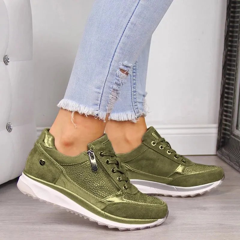 Women’s Casual Sneakers – Lace-Up – Zip Detail – Cushioned Sole – Sporty Everyday Comfort