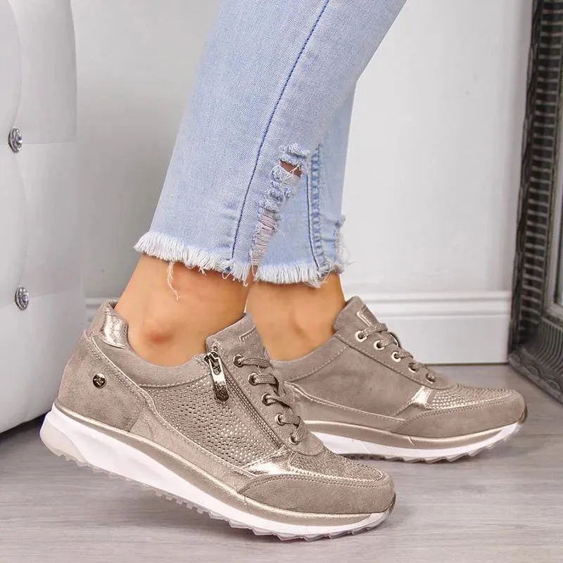 Women’s Casual Sneakers – Lace-Up – Zip Detail – Cushioned Sole – Sporty Everyday Comfort