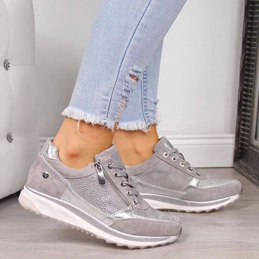 Women’s Casual Sneakers – Lace-Up – Zip Detail – Cushioned Sole – Sporty Everyday Comfort